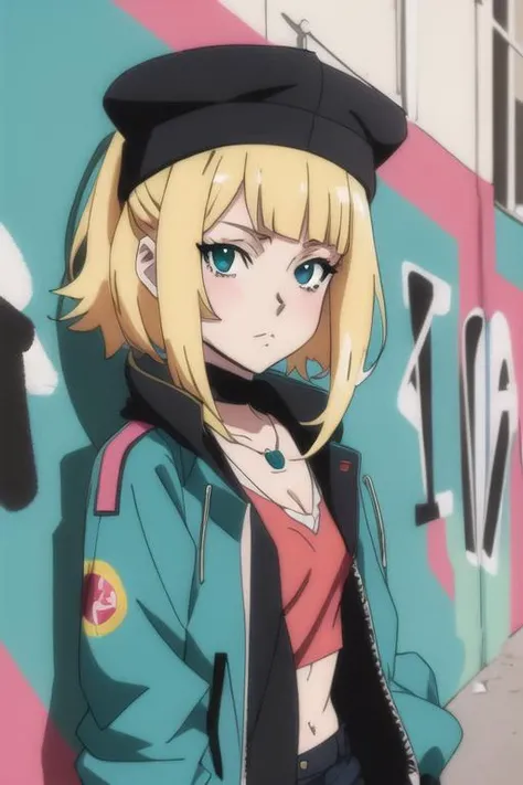 (Anime Style:1.4), (masterpiece:1.3),Abstract 1998 european blond hiphop girl by sachin teng x supreme, attractive, stylish, designer, green, asymmetrical, geometric shapes, graffiti, street art