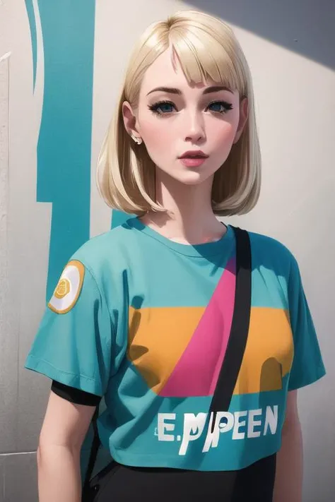 (photorealistic:1.4), (masterpiece:1.3),Abstract 1998 european blond hiphop girl by sachin teng x supreme, attractive, stylish, designer, green, asymmetrical, geometric shapes, graffiti, street art