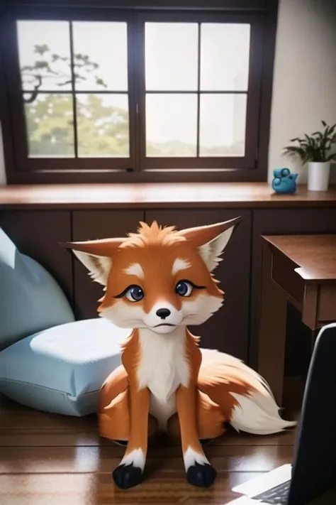 Cute small humanoid fox sitting in front of laptop, unreal engine, cozy indoor lighting, artstation, detailed, digital painting, cinematic, character design by mark ryden and pixar and hayao miyazaki, unreal 5, daz, hyperrealistic, octane render
