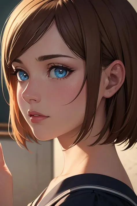 female highschool teacher cinematic lighting, hyperrealistic, focused, extreme details,cinematic, masterpiece, intricate detail, detailed eyes, good hand angle