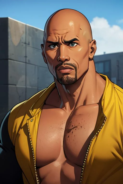 Masterpiece, best quality, Dwayne Johnson in Gta V Concept Art, bald