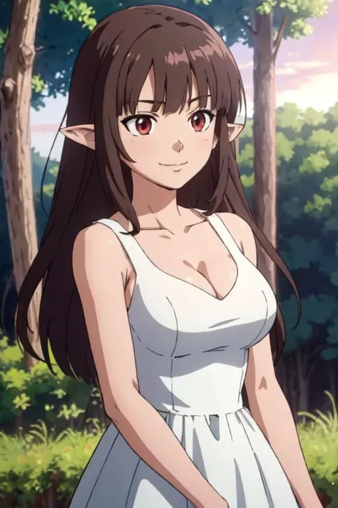 masterpiece, best quality, solo, anime screencap,
long hair, brown hair, red eyes, dress, large breasts, pointy ears, light smile,
depth of field, blurry background, forest, portrait, wind, sunset, good hands,
