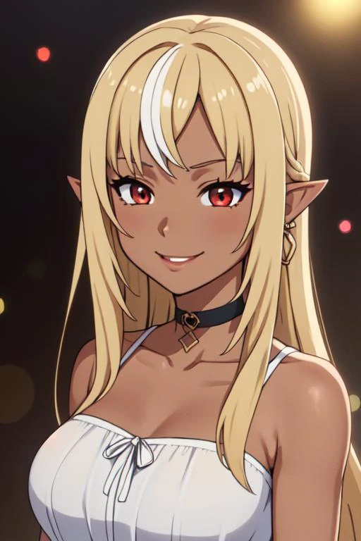 masterpiece, best quality, 1girl, Shiranui Flare, Hololive, mature female, anime screencap,
long hair, wavy hair, blonde hair, red eyes, dress, swept bangs, medium breasts, choker, dark skin, earrings, pointy ears, makeup, smile,
depth of field, portrait, night, bokeh, dark skin