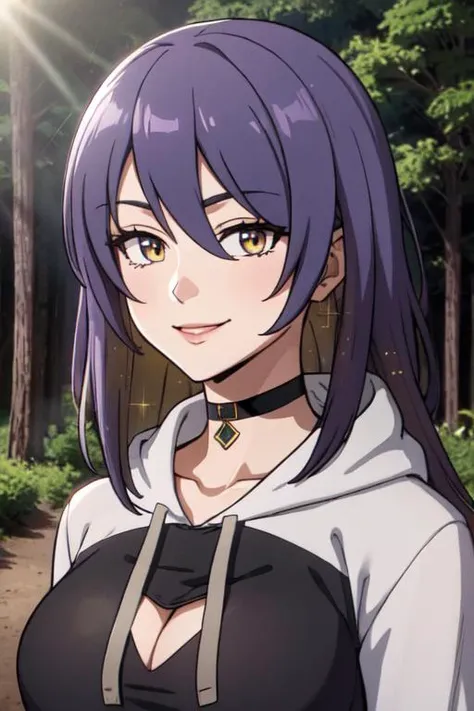 masterpiece, best quality, anime screencap, mature female, Moona Hoshinova
medium hair, purple hair, yellow eyes, hoodie, large breasts, smile, choker,
portrait, forest, lens flare,