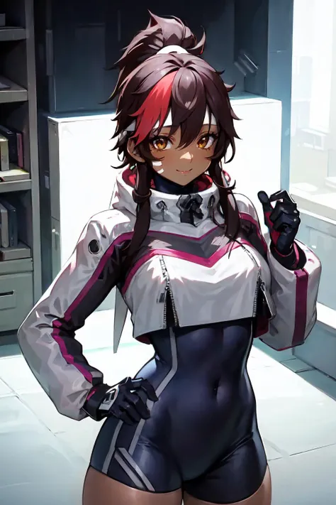 ((masterpiece)), (best quality), (1girl), (solo:1.2), smile, (((dark skin))), (dark-skinned female:1.45), (perfect face), symmetrical eyes, (upper body portrait), (detailed brown eyes:1.25), ((dark skin)), black bodysuit, red hair, multicolored hair, bandaid, brown hair, covered navel, headband, gloves, (official costume), jacket, looking at viewer, (((diffuse lighting))), (medium lit room), (no shadows), (no highlights),<lora:juliette_30:0.8> <lora:epiNoiseoffset_v2:0.5>