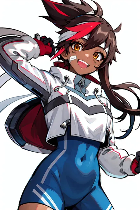 ((masterpiece)), (best quality), (1girl), (solo:1.25), (smiling), (detailed perfect face), dark-skinned female, (detailed brown eyes), dark skin, solo, red hair, multicolored hair, bandaid, smile, brown hair, white background, open mouth, streaked hair, long hair, bandaid on face, simple background, covered navel, headband, gloves, jacket, looking at viewer <lora:juliette_30:0.8>