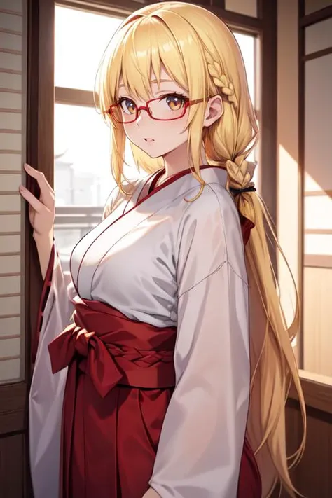 <lora:AlexandraV1:0.6>,(((kimono, ))),alexandra, 1girl, breasts, blonde hair,red glasses, large breasts, long hair, ponytail, blue eyes, <lora:more_details:1>