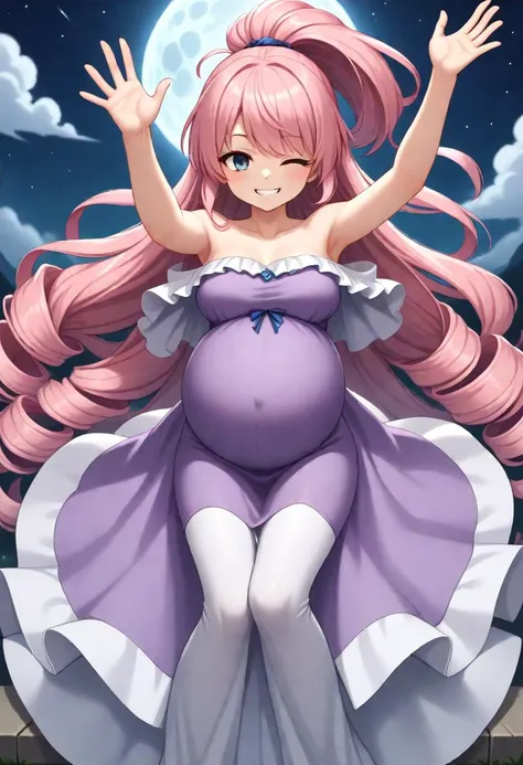 score_9, score_8_up, score_7_up, anime screencap, 
1girl,   
flat color, anime coloring, solo, absurdly long hair, ponytail, diagonal bangs, drill hair, silver eyes, gray eyes, heterochromia, one eye closed, hateful, clenched teeth, pregnant, medium breasts, (sky blue off-shoulder dress:1.5), (fully covered closed clothes:1.5), outstretched arms, high angle, from above, sandstorm, night, dark, wind, very long hair, breasts, floating hair, moon, long dress, full moon, night sky, dress, smile, long hair, pink hair, teeth, purple dress, arms up
 <lora:Pony_PregnantV1.4:0.7> <lora:StS_detail_slider_v1:2> <lora:sd_xl_dpo_lora_v1:1> <lora:Hyper-SDXL-8steps-lora:1>