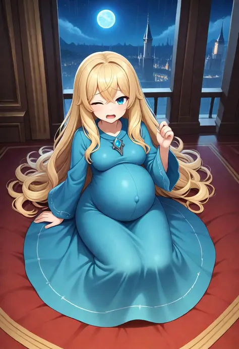 score_9, score_8_up, score_7_up, anime screencap,
1girl,
flat color, anime coloring, solo, long hair, hair spread out, crossed bangs, curly hair, blue eyes, one eye closed, open mouth, wavy mouth, pregnant, medium breasts, (cyan long dress:1.5), (fully covered closed clothes:1.5), arm support, aerial shot, from above, science fiction, palace of databases, night, dark, rain, hand up, sitting, knees up, on bed, blonde hair, very long hair, looking at viewer, blue theme, full body, blue dress, breasts, dress
<lora:Pony_PregnantV1.4:0.7> <lora:StS_detail_slider_v1:4> <lora:sd_xl_dpo_lora_v1:1> <lora:Hyper-SDXL-8steps-lora:1>