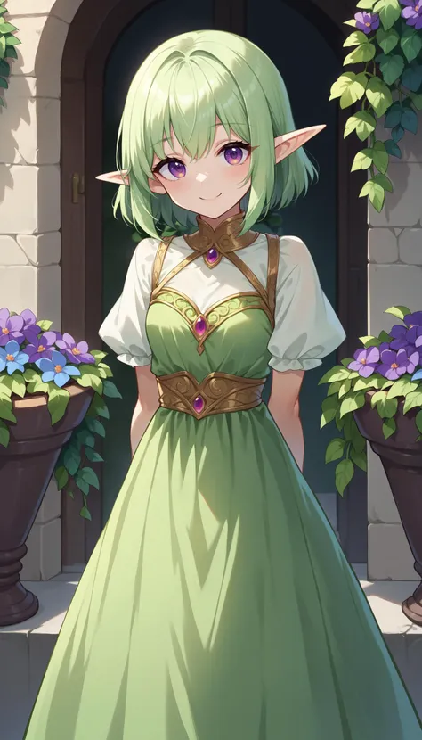 score_9, score_8_up, score_7_up, source_anime, 1girl, close-up, courtyard, flowers, vineyard, elf, long green silk dress, smile, leaning on object, arms behind back