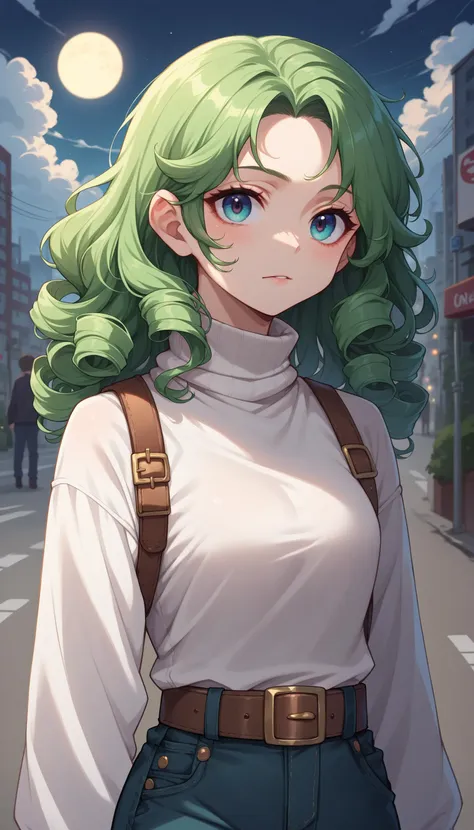 score_9, score_8_up, score_7_up, 1girl, long curly green hair, turtleneck, clouds, night, belt, city street, close-up