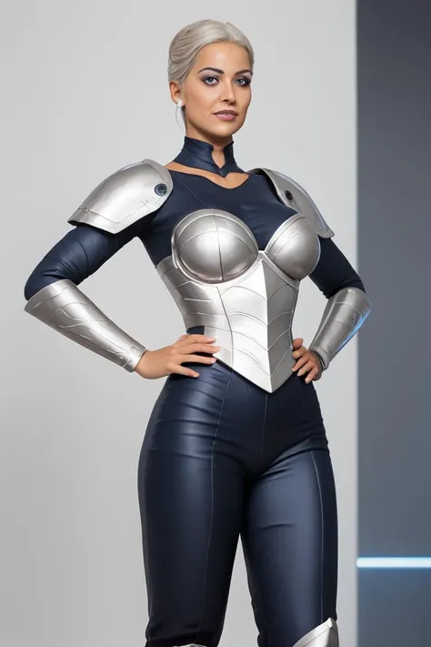 zPDXLrl, zPDXL, score_9, score_8_up, score_7_up, rating_questionable, 1girl, (futuristic sci fi fashion 3d art by Ralph McQuarrie:1.2), buxom milf lady 35 year old, Latina woman, tan skin, platinum blonde hair, vampire, neon armor, gills and fins, dramatic hands on hips, gorgeous boobs, clothed, sci fi fashion walkway, realism, high definition Maya render