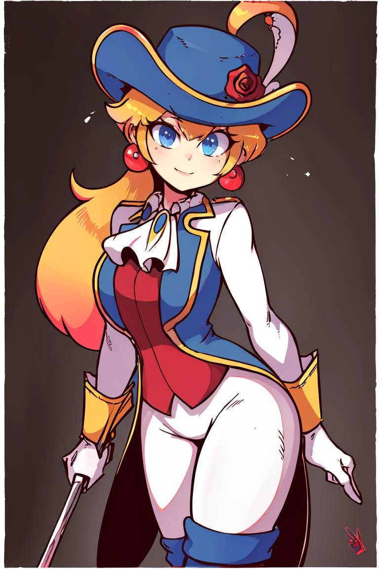 <lora:Diives_Style:0.8>,
((masterpiece,best quality)), absurdres, <lora:Princess_Peach_Nintendo:0.8>, Swordfighter_Peach, solo, 1girl, hat, blonde hair, blue eyes, jewelry, earrings, long hair, rapier, hat feather, pants, ascot, red rose, hat flower, ponytail, white pants, white gloves, boots, blue jacket, long sleeves, smiling, looking at viewer, cowboy shot, cinematic composition,