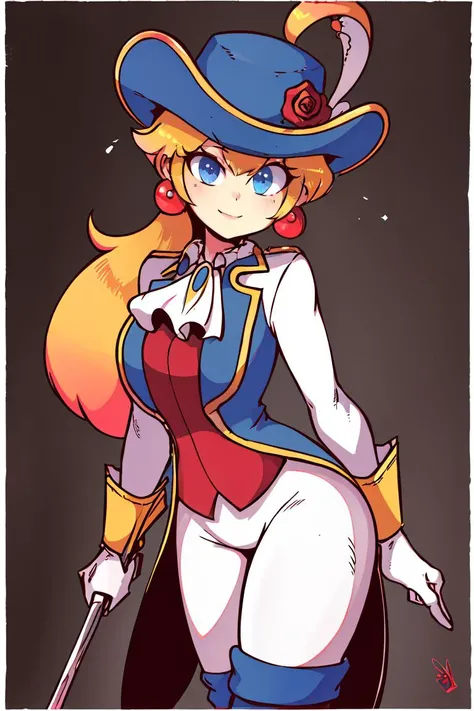 <lora:Diives_Style:0.8>,
((masterpiece,best quality)), absurdres, <lora:Princess_Peach_Nintendo:0.8>, Swordfighter_Peach, solo, 1girl, hat, blonde hair, blue eyes, jewelry, earrings, long hair, rapier, hat feather, pants, ascot, red rose, hat flower, ponytail, white pants, white gloves, boots, blue jacket, long sleeves, smiling, looking at viewer, cowboy shot, cinematic composition,