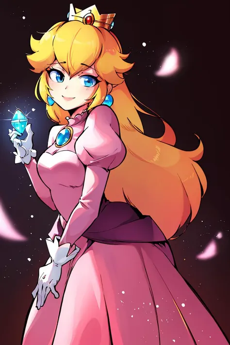 <lora:Diives_Style:0.8>,((masterpiece,best quality)), absurdres, <lora:Princess_Peach_Nintendo:0.8>, Princess_Peach,  blonde hair, blue eyes, long hair, crown, dress, gem, gloves, pink dress, puffy sleeves, short sleeves, white gloves, solo, smiling, looking at viewer, cowboy shot,  cinematic composition,