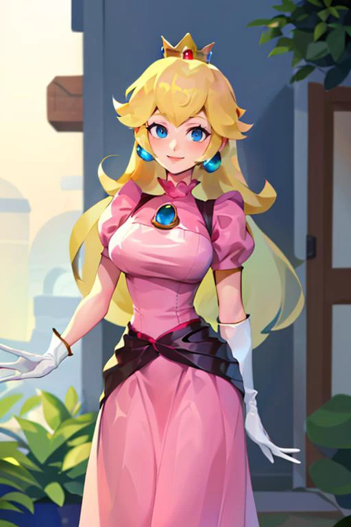 <lora:Iota:0.6>, , ((masterpiece,best quality)), absurdres, <lora:Princess_Peach_Nintendo:0.8>, Princess_Peach,  (pink dress), blonde hair, blue eyes, long hair, crown, gem, gloves, puffy sleeves, short sleeves, white gloves, solo, smiling, looking at viewer, cowboy shot,