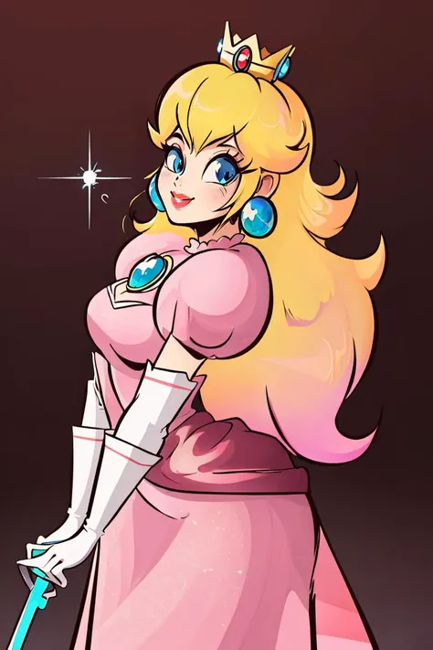 <lora:ARTSTYLE_VintagePinup_jazy_ownwaifu:0.8>,ARTSTYLE_VintagePinup_jazy_ownwaifu, <lora:Diives_Style:0.7>, , ((masterpiece,best quality)), absurdres, <lora:Princess_Peach_Nintendo:0.8>, Princess_Peach,  (pink dress), blonde hair, blue eyes, long hair, crown, gem, gloves, puffy sleeves, short sleeves, white gloves, solo, smiling, looking at viewer, cowboy shot,  cinematic composition,