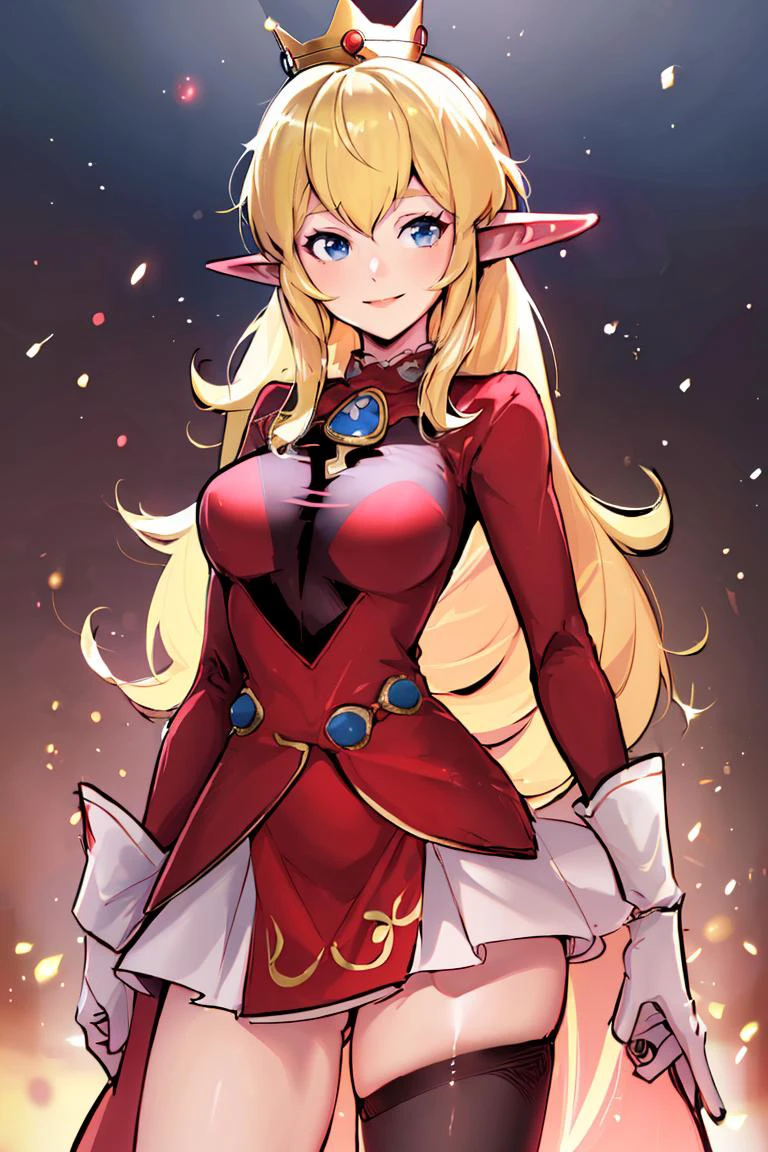 ((masterpiece,best quality)), absurdres, <lora:Princess_Peach_Nintendo:0.8>, Princess_Peach, (blonde hair, blue eyes, long hair, crown, gen),
<lora:Adult_Klee_Genshin:0.5>, Adult_Klee_Genshin, pointy ears, elf, red skirt,
solo, smile, smug, looking at viewer, cowboy shot, cinematic composition, contrapposto,