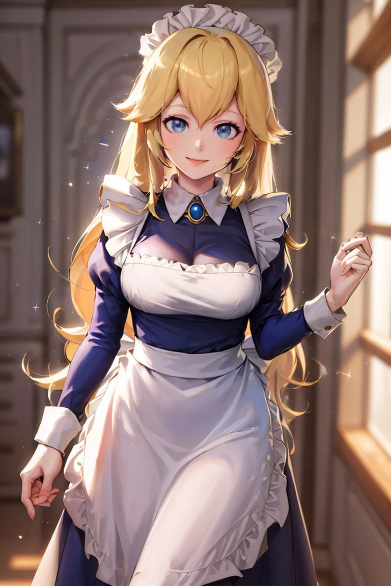 ((masterpiece,best quality)), absurdres, <lora:Princess_Peach_Nintendo:0.8>, Princess_Peach, (blonde hair, blue eyes, long hair),, maid headdress, maid outfit, apron,
solo, smiling, looking at viewer, cowboy shot, cinematic composition,