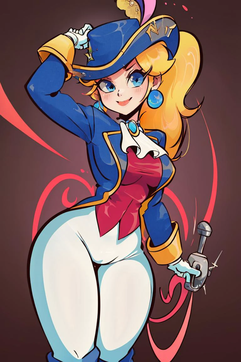 <lora:ARTSTYLE_VintagePinup_jazy_ownwaifu:0.8>,ARTSTYLE_VintagePinup_jazy_ownwaifu, <lora:Diives_Style:0.7>, , ((masterpiece,best quality)), absurdres, <lora:Princess_Peach_Nintendo:0.8>, Swordfighter_Peach, solo, 1girl, hat, blonde hair, blue eyes, jewelry, earrings, long hair, rapier, hat feather, pants, ascot, red rose, hat flower, ponytail, white pants, white gloves, boots, blue jacket, long sleeves, smiling, looking at viewer, cowboy shot, cinematic composition,