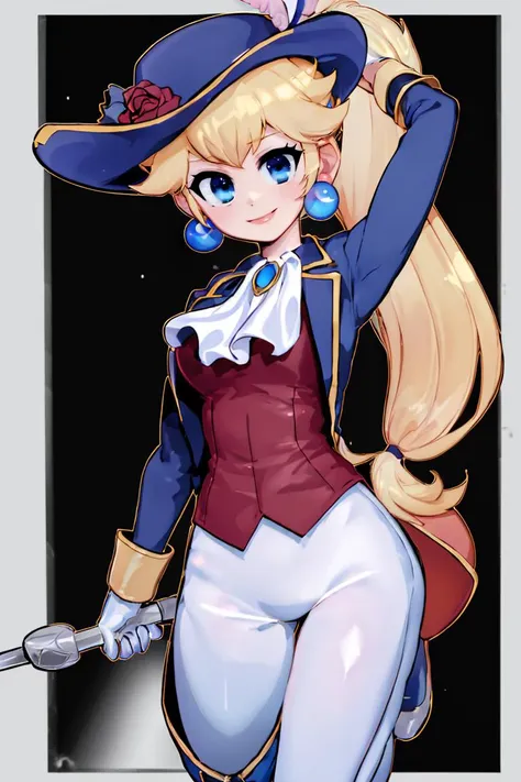 <lora:Mantis_Style:0.8>,((masterpiece,best quality)), absurdres, <lora:Princess_Peach_Nintendo:0.8>, Swordfighter_Peach, solo, 1girl, hat, blonde hair, blue eyes, jewelry, earrings, long hair, rapier, hat feather, pants, ascot, red rose, hat flower, ponytail, white pants, white gloves, boots, blue jacket, long sleeves, smiling, looking at viewer, cowboy shot,  cinematic composition,