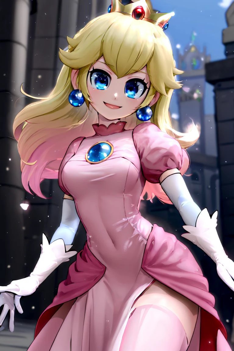 <lora:Mantis_Style:0.8>,((masterpiece,best quality)), absurdres, <lora:Princess_Peach_Nintendo:0.8>, Princess_Peach, blonde hair, blue eyes, long hair, crown, dress, gem, gloves, pink dress, puffy sleeves, short sleeves, white gloves, solo, smiling, looking at viewer, cowboy shot, cinematic composition,