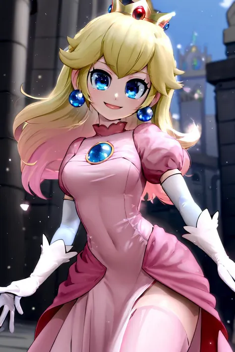 <lora:Mantis_Style:0.8>,((masterpiece,best quality)), absurdres, <lora:Princess_Peach_Nintendo:0.8>, Princess_Peach,  blonde hair, blue eyes, long hair, crown, dress, gem, gloves, pink dress, puffy sleeves, short sleeves, white gloves, solo, smiling, looking at viewer, cowboy shot,  cinematic composition,