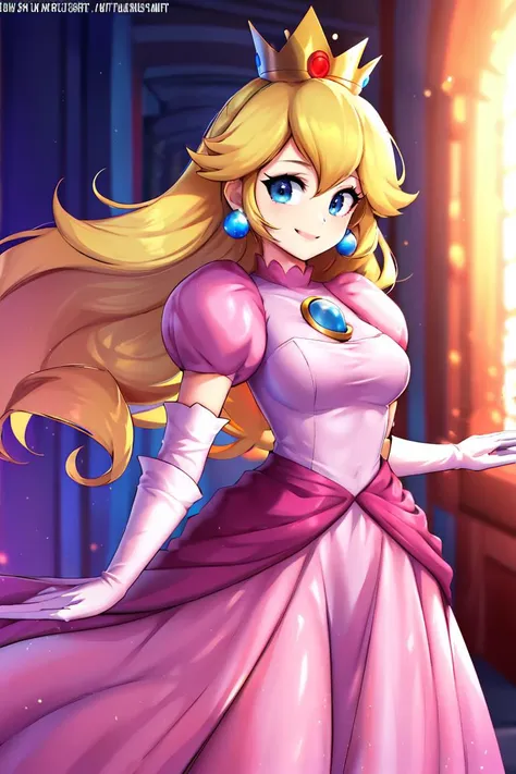 <lora:twistedscarlett60_style:0.8>,((masterpiece,best quality)), absurdres, <lora:Princess_Peach_Nintendo:0.8>, Princess_Peach,  blonde hair, blue eyes, long hair, crown, dress, gem, gloves, pink dress, puffy sleeves, short sleeves, white gloves, solo, smiling, looking at viewer, cowboy shot,  cinematic composition,