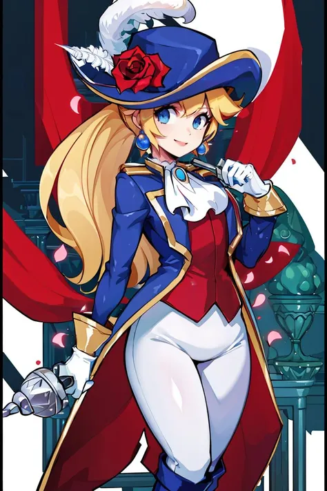 <lora:the_other_half_style:0.8>,((masterpiece,best quality)), absurdres, <lora:Princess_Peach_Nintendo:0.8>, Swordfighter_Peach, solo, 1girl, hat, blonde hair, blue eyes, jewelry, earrings, long hair, rapier, hat feather, pants, ascot, red rose, hat flower, ponytail, white pants, white gloves, boots, blue jacket, long sleeves, smiling, looking at viewer, cowboy shot,  cinematic composition,
