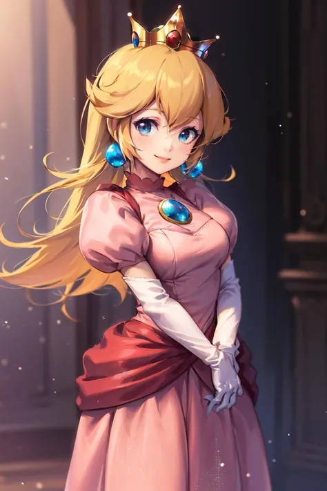 <lora:Toriyama_Akira_Style :0.8>,((masterpiece,best quality)), absurdres, <lora:Princess_Peach_Nintendo:0.8>, Princess_Peach, (pink dress), blonde hair, blue eyes, long hair, crown, gem, gloves, puffy sleeves, short sleeves, white gloves, solo, smiling, looking at viewer, cowboy shot, cinematic composition,