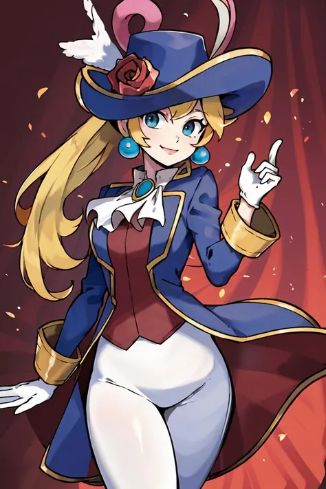 ((masterpiece,best quality)), absurdres, Swordfighter_Peach, solo, 1girl, hat, blonde hair, blue eyes, jewelry, earrings, long hair, rapier, hat feather, pants, ascot, red rose, hat flower, ponytail, tight white pants, white gloves, boots, blue jacket, long sleeves, smiling, looking at viewer, cowboy shot,  cinematic composition, (shibari, arms behind back:1.6), (full mask gag), (full body view, full body shot, standing)