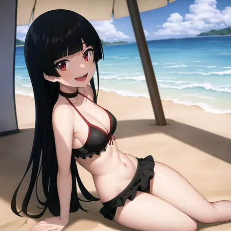 best quality, (masterpiece:1.2), highly detailed, beach, sun rays, sand, ocean,
1girl, solo, <lora:chara_GATEJietai_RoryMercury_v1:0.8>, rory mercury,
looking at viewer, from angle, smug, smile, open mouth, small breasts,
red eyes, black hair, long hair, black bikini