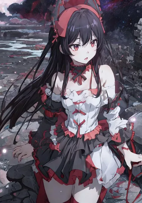 (masterpiece, best quality), intricate details, 4k, wallpaper, 1girl, solo, <lora:chara_GATEJietai_RoryMercury_v1:1>, rory mercury, from below, full body, red tones, white tones, black tones, nirvana, galaxy background, evolution, universal, end of the world, apocalipse, (abstract:1.2), liquid, solid, cloudy, ruins
