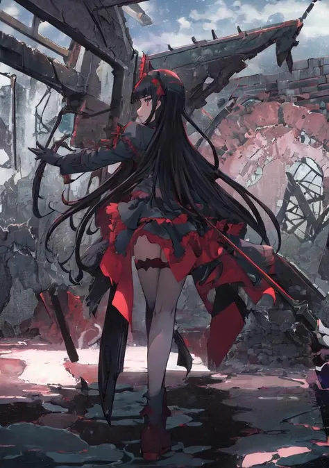 (masterpiece, best quality), intricate details, 4k, wallpaper, 1girl, solo, <lora:chara_GATEJietai_RoryMercury_v1:1>, rory mercury, from below, full body, red tones, white tones, black tones, nirvana, galaxy background, evolution, universal, end of the world, apocalipse, abstract, liquid, solid, cloudy, ruins