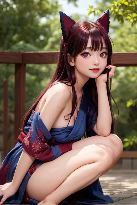 8k, best quality, real picture, intricate details, ultra-detailed, ultra highres, depth field,(photorealistic,realistic:1.2),masterpiece,<lora:add_detail:0.5>,
0.4 :: (full-body shot:1.2) , angled shot from the side , from below ,
1girl, rory mercury,<lora:chara_GATEJietai_RoryMercury_v1:0.6>, an extremely cute 13-year-old girl, (burgundy red eyes:1.5), black hair, long hair, lipstick, small breasts, perfect shiny skin, fair skin, looking at viewer, solo, light blush,
chubby nipples under clothes, sweat, 
0.15 :: (blue yukata, red ori) :1.2,
light smile ,
sexy pose :1.1,
twilight ,
forest ,