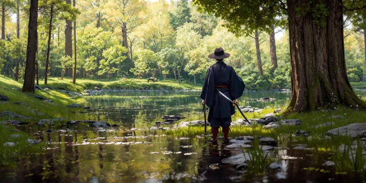 (masterpiece:1.2), best quality,
weapon, solo, sword, outdoors, 1boy, weapon on back, water, male focus, nature, scenery, tree, sheath, katana, grass, hat, japanese clothes, from behind, standing, samurai, copyright name, sheathed, forest, japanese armor
 <lora:UE_20230717224732-000003:0.8>