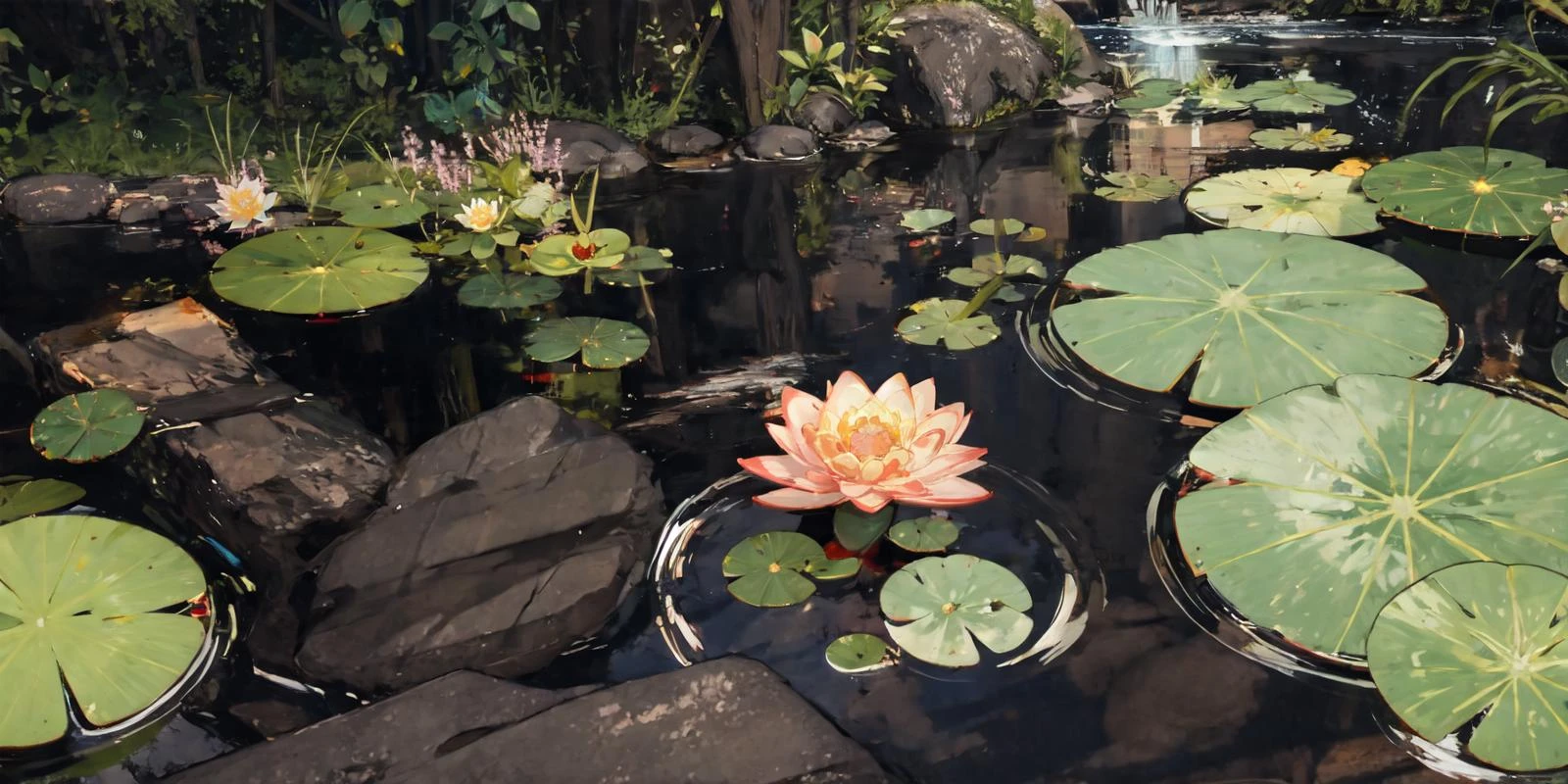 (masterpiece:1.2), best quality,fantasy,
scenery, from above, water, no humans, flower, lily pad, outdoors, rock, food
<lora:UE_20230717224732-000003:0.6>