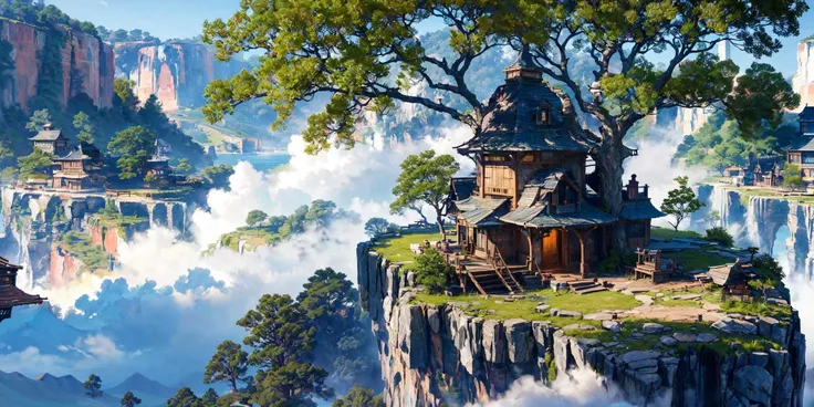 (masterpiece:1.2), best quality,fantasy,
(a huge old tree on the cliff:1.2),(many tree houses are on branches:1.3),sheer, majestic cliffs,rough stone,it was thrilling,dramatic light,fog and mist,
<lora:UE_20230717224732-000003:0.6>