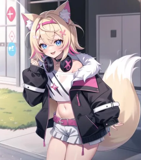 task(9nmn948k0ph1c1k) <lora:Mococo Rev 1:0.6> Mococo, headphones, Short hair, Pink highlights, Blonde Hair, Bluie Eyes, small breasts, Dog Ears, animal ears, tail, long hair, 1girl, navel, blonde hair, virtual youtuber, jacket, blue eyes, shorts, midriff, blush, standing, black jacket, pink hair, looking at viewer, breasts, crop top, multicolored hair, bangs, fox ears, long sleeves, skirt, short shorts, smile, fox girl, hair ornament, open jacket, hair between eyes, sleeves past wrists, cat tail, animal ear fluff, off shoulder, wolf tail, fur trim, dog tail, eyebrows visible through hair, hood, shirt, cropped jacket, headphones, choker, open clothes, bare shoulders, belt, collar, white jacket, miniskirt, sidelocks, closed mouth, black choker, open mouth, stomach, black shirt, streaked hair, dog ears, white hair, white shirt,