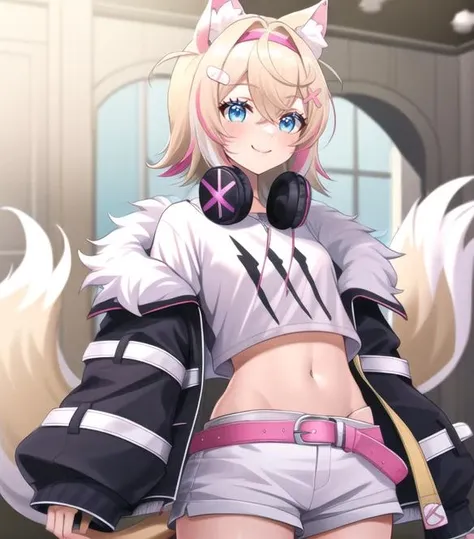 task(9nmn948k0ph1c1k) <lora:Mococo Rev 1:0.6> short hair, smile, headphones, dog ears, mococo, pink highlights, bluie eyes, small breasts, bangs, eyebrows visible through hair, animal ears, 1girl, animal ear fluff, blush, hair between eyes, virtual youtuber, hair ornament, looking at viewer, multicolored hair, blue eyes, solo, streaked hair, tail, shirt, dog tail, jacket, white shorts, navel,