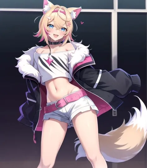 task(9nmn948k0ph1c1k) <lora:Mococo Rev 1:0.6> Mococo, headphones, Short hair, Pink highlights, Blonde Hair, Bluie Eyes, small breasts, Dog Ears, animal ears, tail, long hair, 1girl, navel, blonde hair, virtual youtuber, jacket, blue eyes, shorts, midriff, blush, standing, black jacket, pink hair, looking at viewer, breasts, crop top, multicolored hair, bangs, fox ears, long sleeves, skirt, short shorts, smile, fox girl, hair ornament, open jacket, hair between eyes, sleeves past wrists, cat tail, animal ear fluff, off shoulder, wolf tail, fur trim, dog tail, eyebrows visible through hair, hood, shirt, cropped jacket, headphones, choker, open clothes, bare shoulders, belt, collar, white jacket, miniskirt, sidelocks, closed mouth, black choker, open mouth, stomach, black shirt, streaked hair, dog ears, white hair, white shirt,
