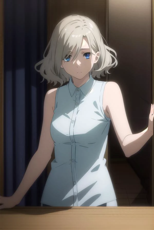 irenehonma, <lora:irene honma s1-lora-nochekaiser:1>,
irene honma, short hair, blue eyes, grey hair,
BREAK shirt, bare shoulders, sleeveless, sleeveless shirt,
BREAK indoors,
BREAK looking at viewer, (cowboy shot:1.5),
BREAK <lyco:GoodHands-beta2:1>, (masterpiece:1.2), best quality, high resolution, unity 8k wallpaper, (illustration:0.8), (beautiful detailed eyes:1.6), extremely detailed face, perfect lighting, extremely detailed CG, (perfect hands, perfect anatomy),