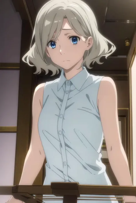 irenehonma, <lora:irene honma s1-lora-nochekaiser:1>,
irene honma, short hair, blue eyes, grey hair,
BREAK shirt, bare shoulders, sleeveless, sleeveless shirt,
BREAK indoors,
BREAK looking at viewer, (cowboy shot:1.5),
BREAK <lyco:GoodHands-beta2:1>, (masterpiece:1.2), best quality, high resolution, unity 8k wallpaper, (illustration:0.8), (beautiful detailed eyes:1.6), extremely detailed face, perfect lighting, extremely detailed CG, (perfect hands, perfect anatomy),