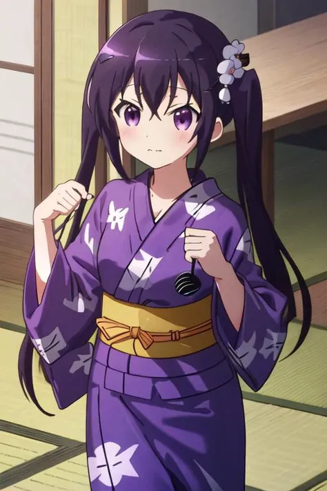best quality, masterpiece, highres, solo, {yukata:1.40}, {kimono:1.20}, {tedeza_rize_istheorderarabbit:1.15}, purple_hair, long_hair, twintails, purple_eyes, bangs, hair_ornament, blush, hairclip, hair_between_eyes, closed_mouth, indoors