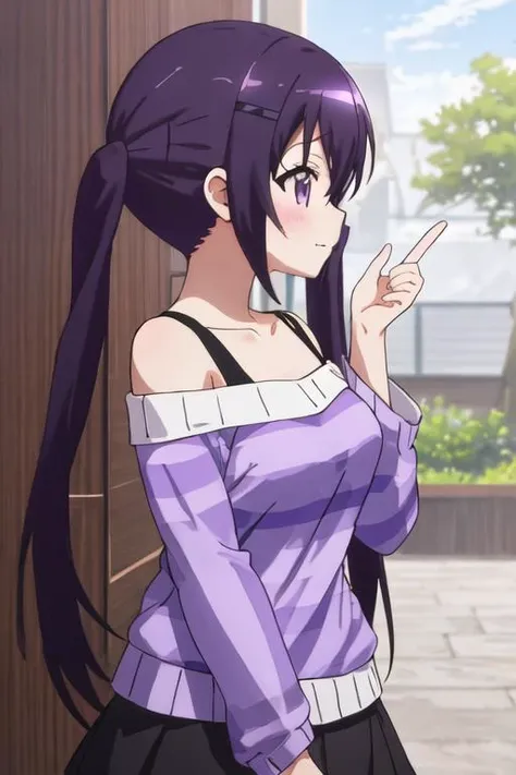 best quality, masterpiece, highres, solo, {tedeza_rize_istheorderarabbit:1.15}, purple_hair, long_hair, twintails, purple_eyes, bangs, hair_ornament, blush, hairclip, hair_between_eyes, closed_mouth, indoors, 1girl, night, shirt, striped, striped_shirt, upper_body, off_shoulder, tree, dark, black_hair, from_side, profile, short_sleeves