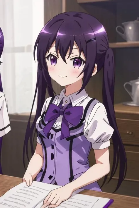 best quality, masterpiece, highres, solo, {tedeza_rize_istheorderarabbit:1.15}, purple_hair, long_hair, twintails, purple_eyes, bangs, hair_ornament, blush, hairclip, hair_between_eyes, closed_mouth, indoors, 1girl, bow, bowtie, looking_at_viewer,bra ,tight panties smile, breasts
