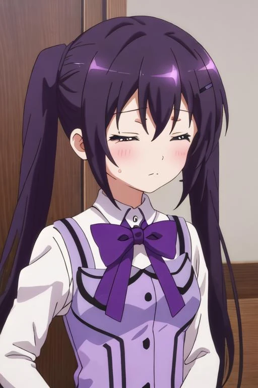 Score_9, Score_8_up, Score_7_up, source_anime BREAK 1girl, alone, looking at viewer, cowboy shot, Tohka Yatogami, long hair, purple hair, purple eyes, very long hair, ponytail, red bow, headband, white headdress, white shirt , collared shirt, buttons, open shirt, white panties, panties with side ties, on all fours, close-up, hanging breasts,
big breasts, smile, anime coloring, dentures in the skin, curves, naughty face, pursed lips, blushing, sweat, lips,
indoors, bedroom, sitting, window, starry sky,