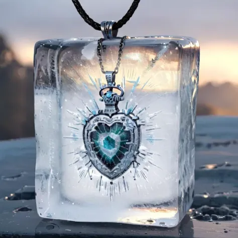 Create a realistic image of necklace frozen inside a block of ice,<lora:iniceblock:0.8>,
ice sheet