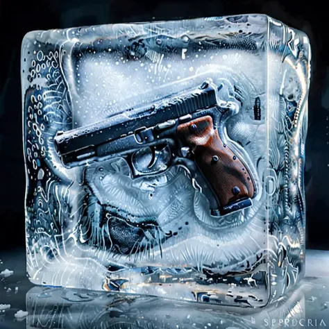 Create a realistic image of a gun frozen inside a block of ice,<lora:iniceblock:0.8>