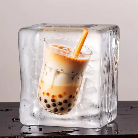 Create a realistic image of  Pearl milk tea frozen inside a block of ice,<lora:iniceblock:0.8>